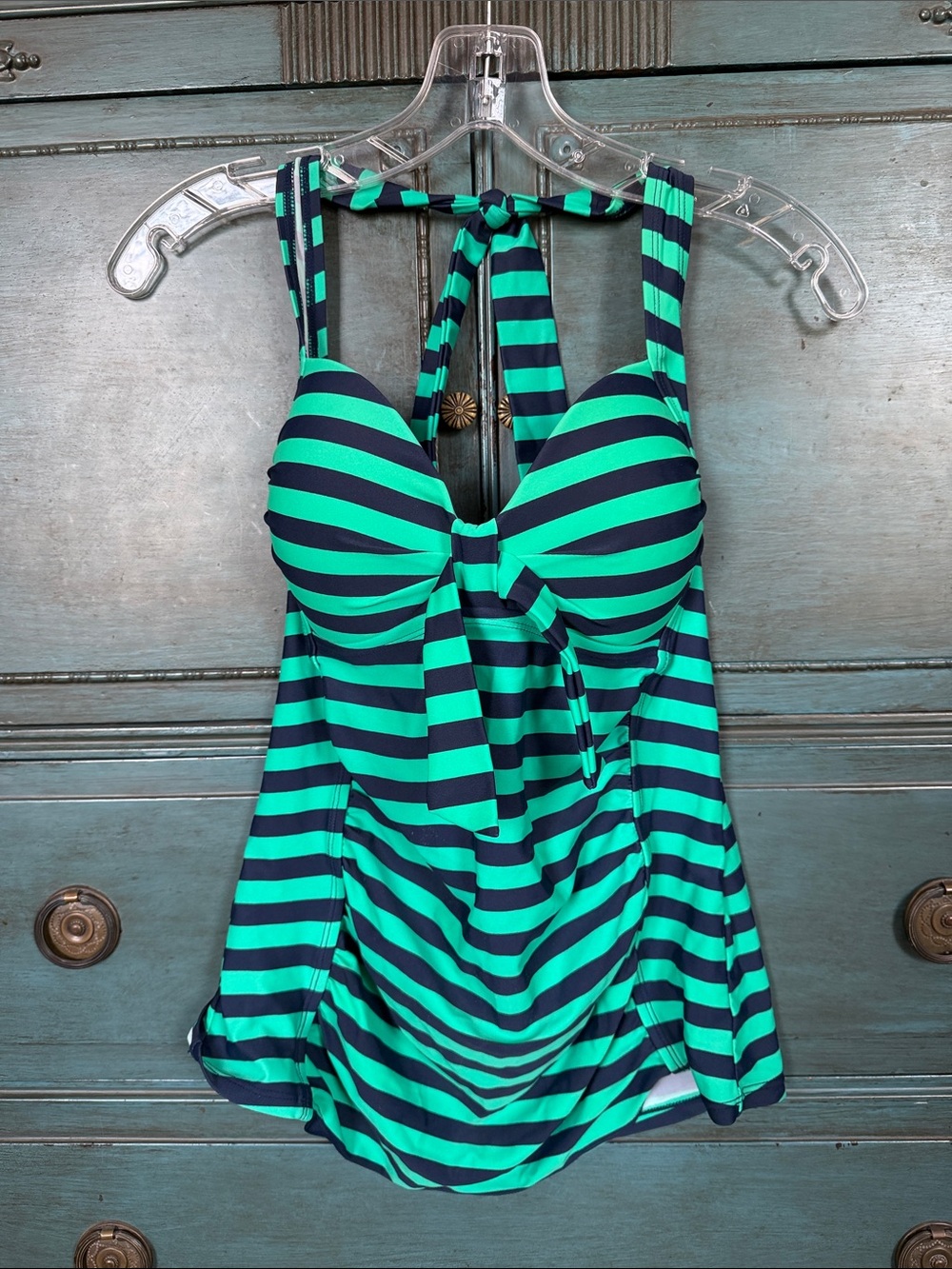 Merona Green & Navy Striped Halter Tankini Top